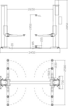 Zavagli Eurolift Z62M/3SLB schwellenfreie 2-Säulen-Hebebühne 3500kg 2650mm Durchfahrt 220V mit langen Armen